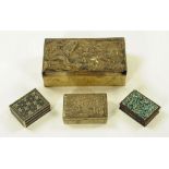 A Japanese relief moulded box with dragon to lid. Width 50 cm, together with three smaller boxes.