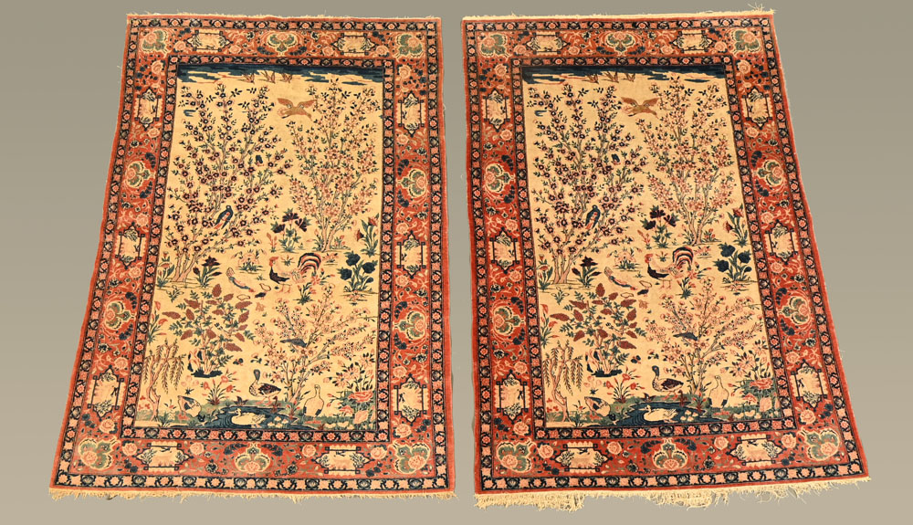 A pair of Eastern silky pile fringed rugs, decorated with various birds, - Image 4 of 23