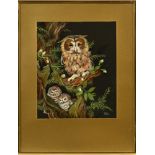 Elizabeth Garnet Orme, "Owl Family" mixed media. 29 cm x 24 cm.
