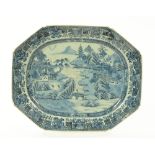 A large Chinese meat plate, circa 1800, blue and white. 46 cm x 38 cm.