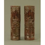 A pair of Chinese wooden brush pots, carved. Height 31 cm.