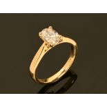 An 18 ct yellow gold diamond solitaire ring, oval. +/- 1.02 carats. Size M/N. (see illustration).