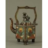 A 19th century Chinese champleve enamelled wine pot, with folding handle and dog terminal to lid.