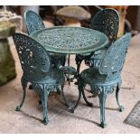 A green painted alloy garden table and four chairs to match in the Victorian style.