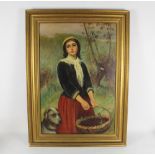 British School, Late 19th century, Three quarter length portrait of girl with basket of grapes,