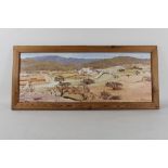 Huggle, desert village scene, Signed lower right, Oil on board, 38 cm x 87 cm,