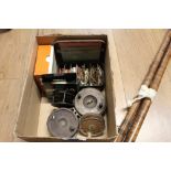 Collection of early and mid 20th century fishing equipment to include four reels, line and flies,