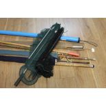 Collection of cane and fibreglass rods and two landing nets
