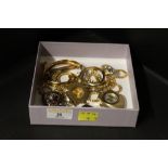 Box of yellow metal jewellery, earrings,
