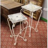 Two metal tile topped plant stands, height 66 cm,