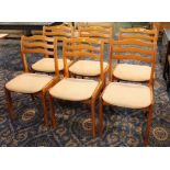 Six light wood dining chairs with cream upholstery, height 80 cm, width 48 cm,