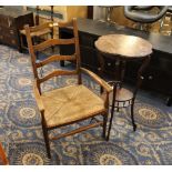 Rush seated carver armchair and two tier galleried occasional table or wine table