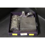 Silver cigarette box, silver topped dressing table jar,