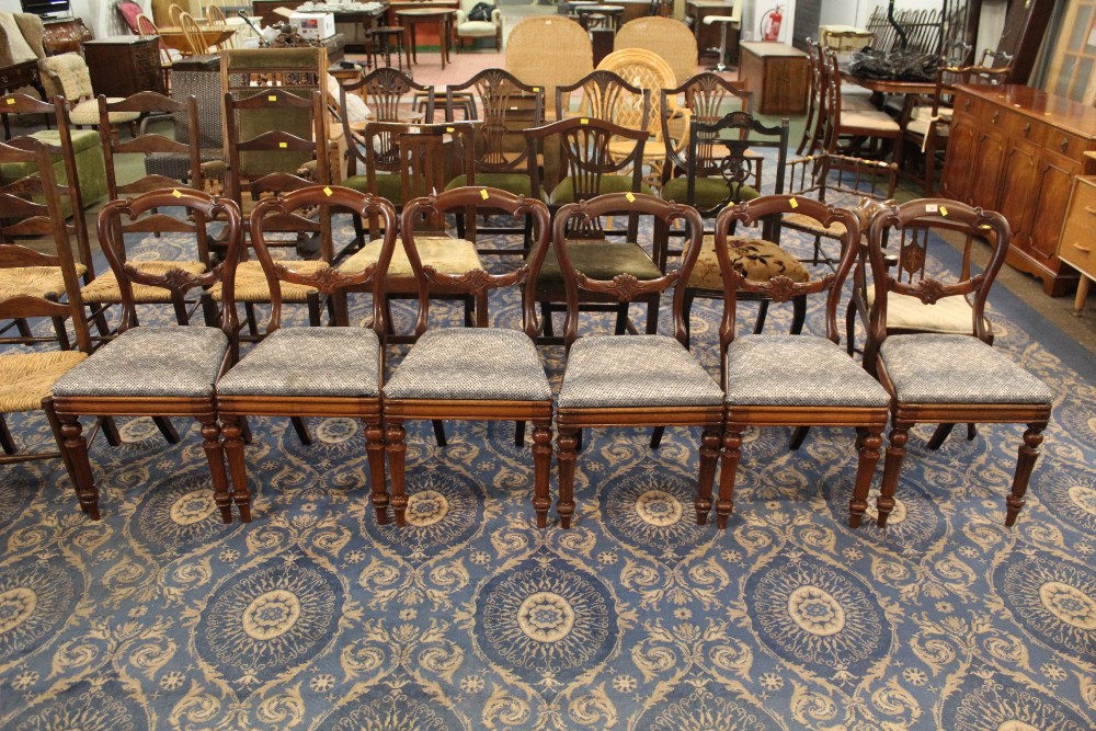 Six Victorian mahogany dining chairs with grey patterned seats