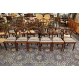 Six Victorian mahogany dining chairs with grey patterned seats