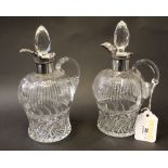 Cut glass oil and vinegar bottle with Chester silver hallmarked collar