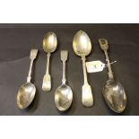 Two silver serving spoons and three silver dessert spoons