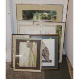 Small quantity of mixed artwork to include signed watercolour coastal scene and owl needlework