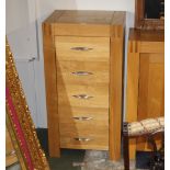 Modern oak five drawer chest of drawers with metal handles, 100 cm tall, 52 cm wide,