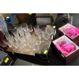 Two brandy balloons and box of glassware, decanter,