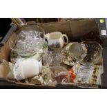 Box of decorative plates, jugs, glassware,