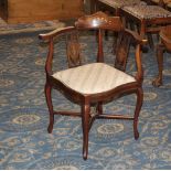 Edwardian mahogany inlaid corner chair with striped cloth seat