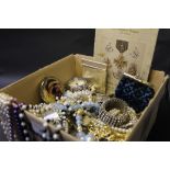 Box of costume jewellery, bangles, necklaces, pocket watch,