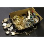 Box of costume jewellery, wristwatches, necklaces, brooches,