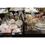 Two boxes of teapots, decorative plates, glassware,