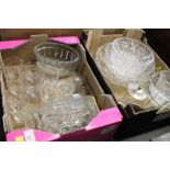 Two boxes of glassware, jelly mould, cut glass bowls,