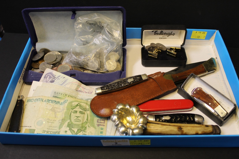 GB and world coins and banknotes, penknives,