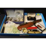 GB and world coins and banknotes, penknives,