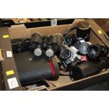 Box of cameras, lenses and binoculars - Cannon FTB,