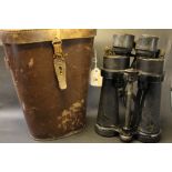 Pair of early 19th century military binoculars in leather case,