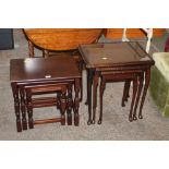 Two nest of tables to include reproduction mahogany nest of three tables with glass tops