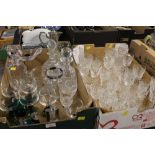 Two boxes of glassware, Waterford decanter, crystal wine glasses, hip flasks,