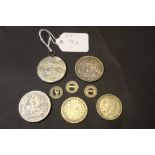 Royal commemorative medal, three Los Angeles Transport tokens,