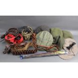 A collection of tweed hats to include Barbour, together with a Parker Hale cleaning rod,