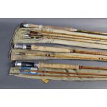 Three split cane trout fly rods, Edgar Sealy Octopus Deluxe in three sections with two tips 9' 6",