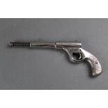 Dolla air pistol in the manner of a gat, advertised from 1890-1939, nickel plated.