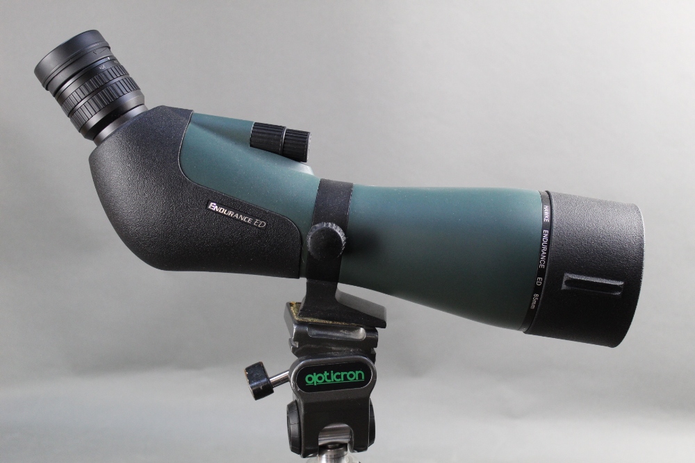 Hawke Endurance ED 20-60 x 85 spotting scope, mounted on an opticron tripod.