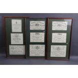 Three frames containing reproduction gun case trade labels, to include Tolley, Horsley,