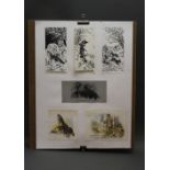 Heinz Schroder, three lino cuts, two watercolours and a print depicting falconry, rabbits,