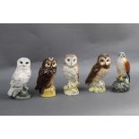 Whyte & MacKay Scotch whisky, five Royal Doulton figures of birds, Snowy Owl, Tawny Owl, Barn Owl,