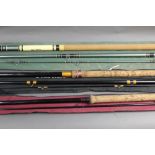 Three match rods, an Olympic tubular fibre glass rod in three sections 12',