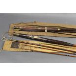 Two Greenheart rods in three sections with two tips, with Hardy fittings (AF).