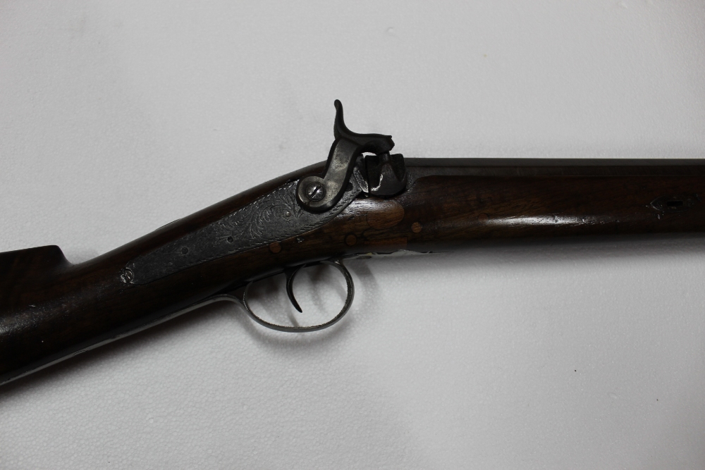 A Birmingham made 15 bore percussion sporting gun, with a 31 1/2" browned Damascus barrel,