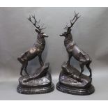 After Moignier a pair of bronze Red Stags, raised on a rocky outcrop on marble plinths.