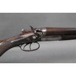 R Scott a 12 bore side by side hammer shotgun, with 30" Damascus barrels, improved and 1/4 choke,
