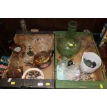 Two boxes of glassware and ceramics, Lusterware teapot, jugs,